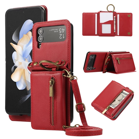 Crossbody Wallet Case for Samsung Galaxy Z Flip 3 with Lanyard Strap Card Slot Holder RFID Blocking 360° Ring Kickstand,Magnetic Flip Folio Zipper Purse Case, PU Leather Cover Handbag,Red