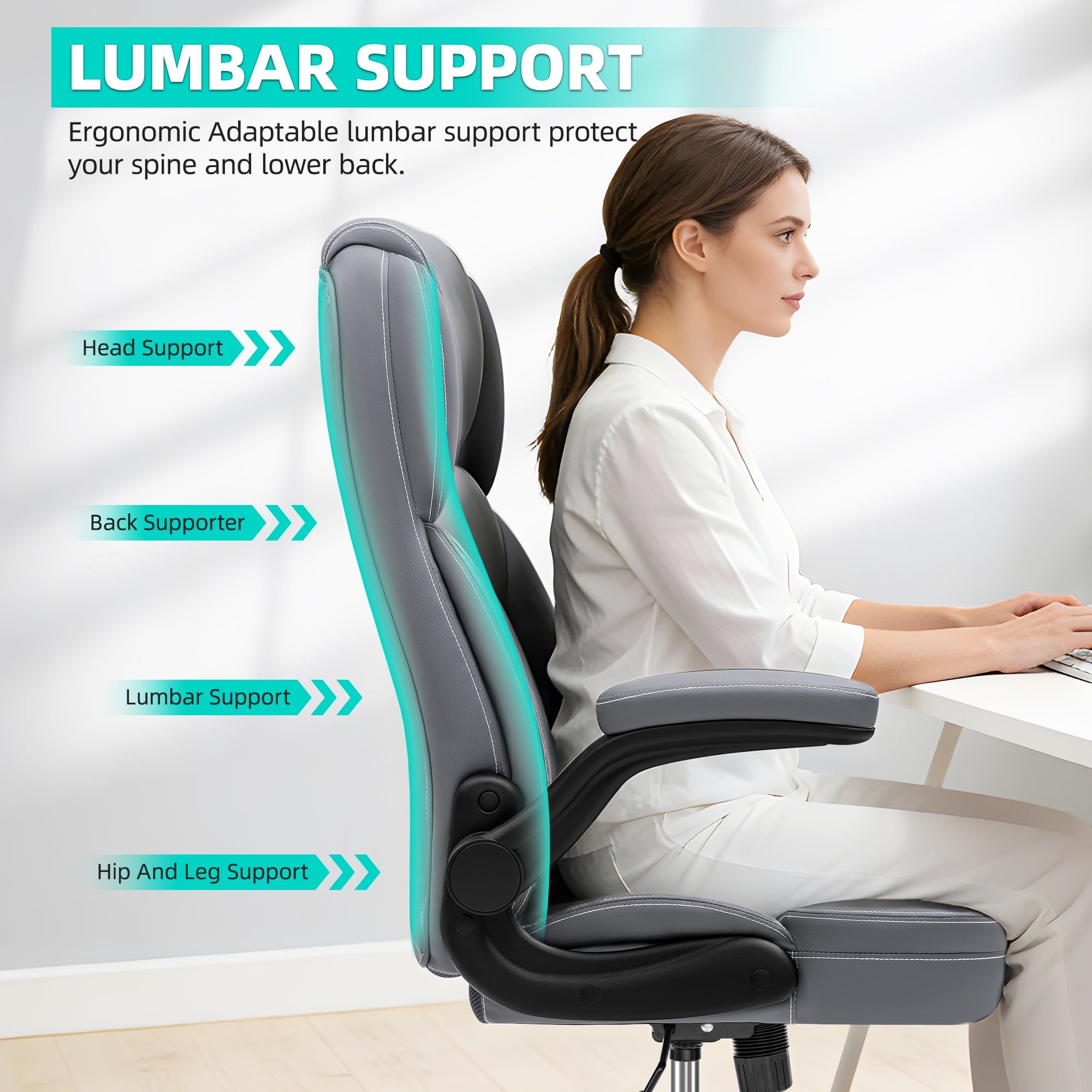 COOLHUT Bige and Tall Executive Office Chair 400lbs, Ergonomic PU Leather Computer Desk Chair with Flip-Up Armrests, Comfy Heavy Duty Office Chair for Home Office Gaming, Gray
