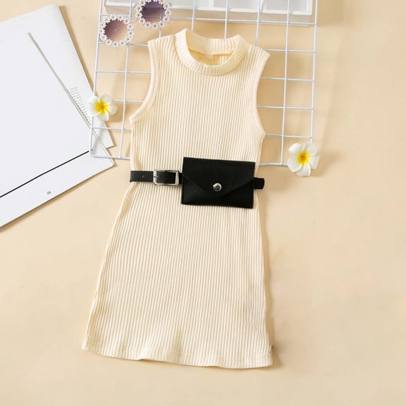 Toddlers Girls Sleeveless Dresses with Waist Bags 1-6Y Kids Casual Crewneck Stretchy Solid Color Slim-Fit Mini Dress Sets