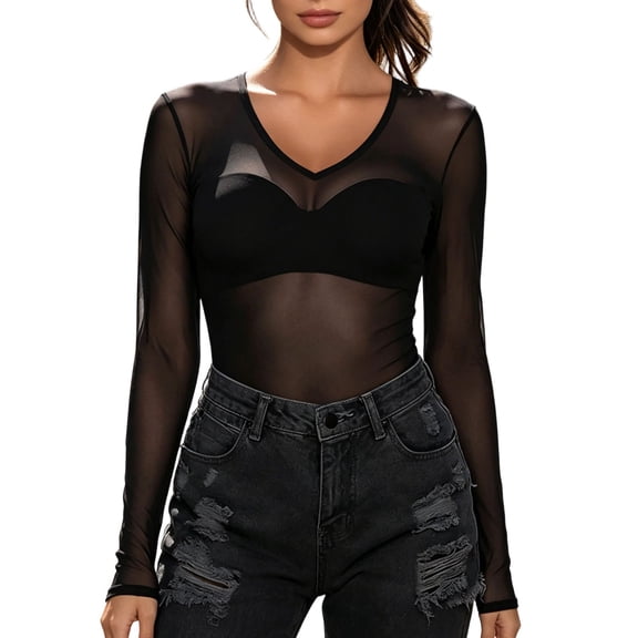 xfsWaSs Womens Mesh Tops Sheer See Through Long Sleeve Shirts V Neck Blouses Slim Fitted T Shirts Fashion Fall Going Out Tops