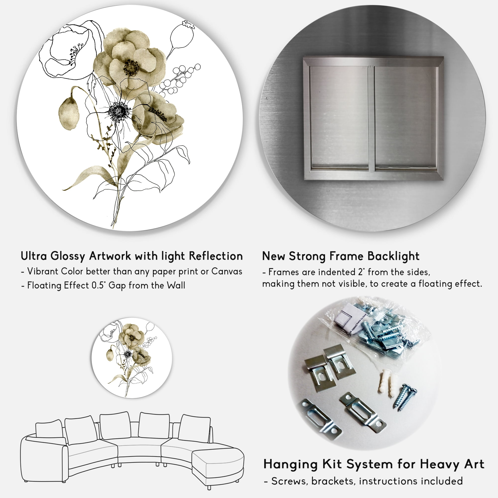 Designart 'Eucalyptus Branches With Anemone Bouquet Flower' Traditional Circle Metal Wall Art 23x23 - Disc of 23