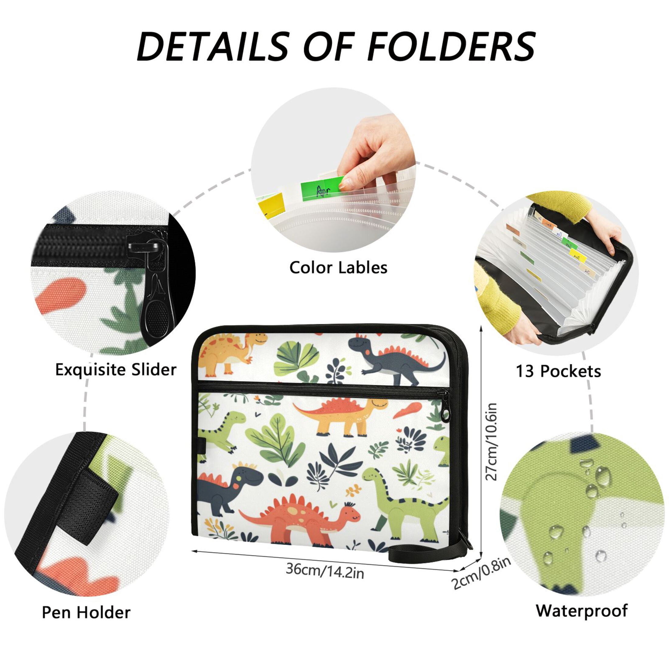 Organ Folder 14.2 x 0.8 x 10.6 Inches 13 Separate Pockets A4 Size Documents Folder A Sort Storage File Manager For The Home Office Colorful Dinosaur Cartoon