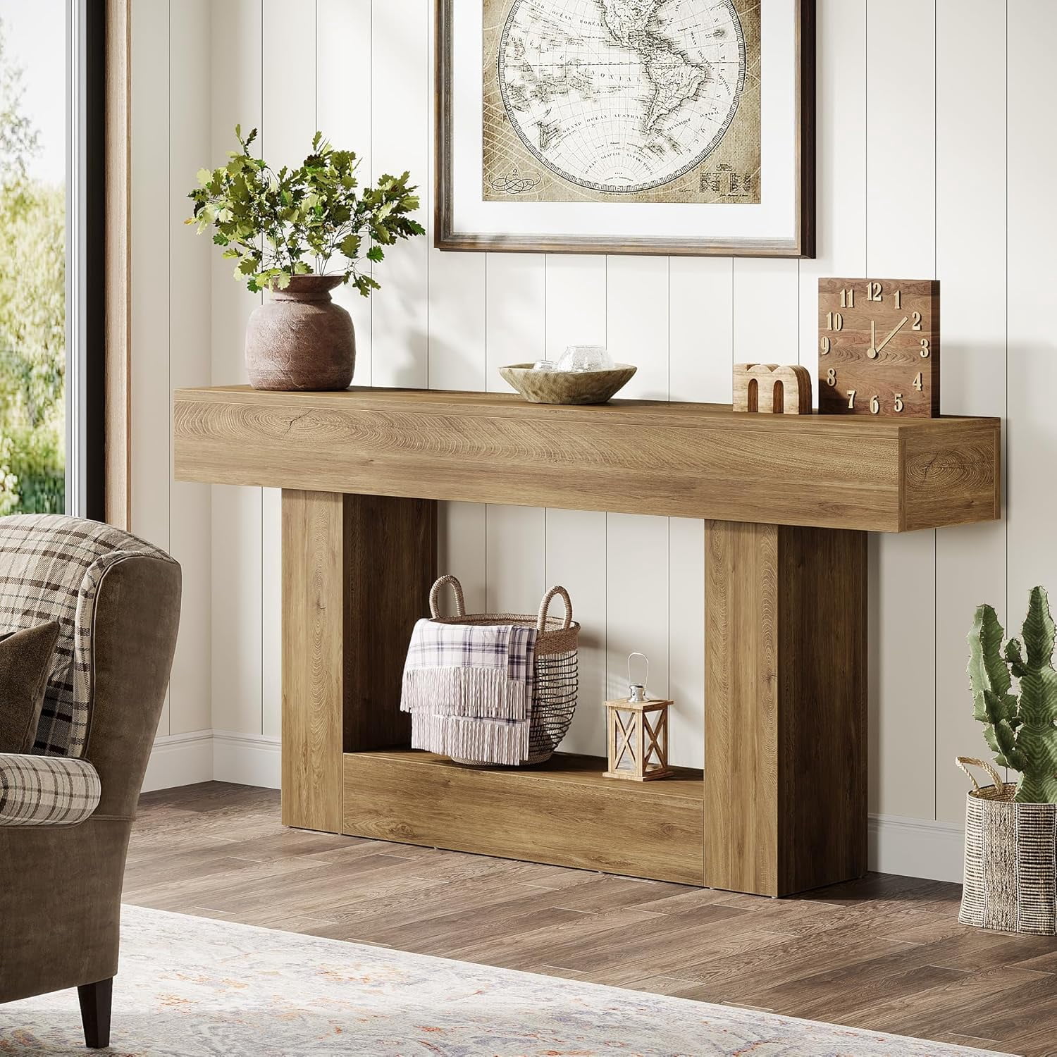 Finmind 63" Console Table, Farmhouse 2-Tier Entryway Table with U-Shaped Base