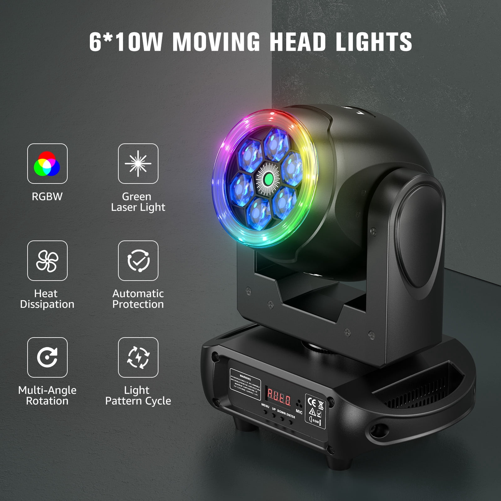 2PCS LED Moving Head Light, 6 Bee Eyes RGBW DMX Strobe Beam DJ Disco Stage Lighting w/ Light Strip