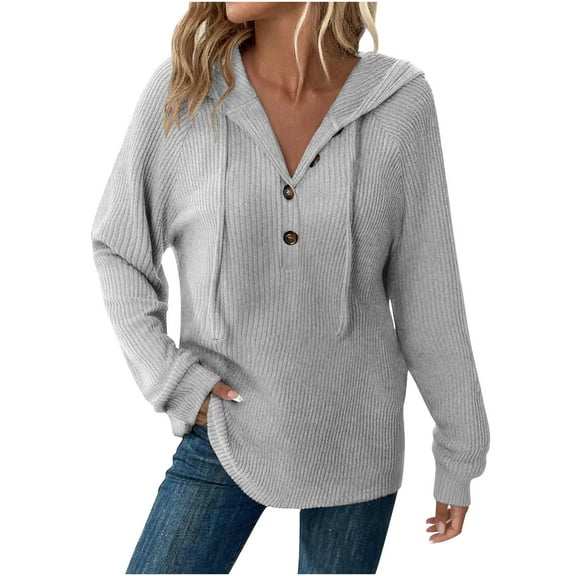 Annhoo Women's Ribbed Knit Sweatshirt Button Solid Color Drawstring Casual Hooded Blouse Tunic Long Sleeve Pullover Tops
