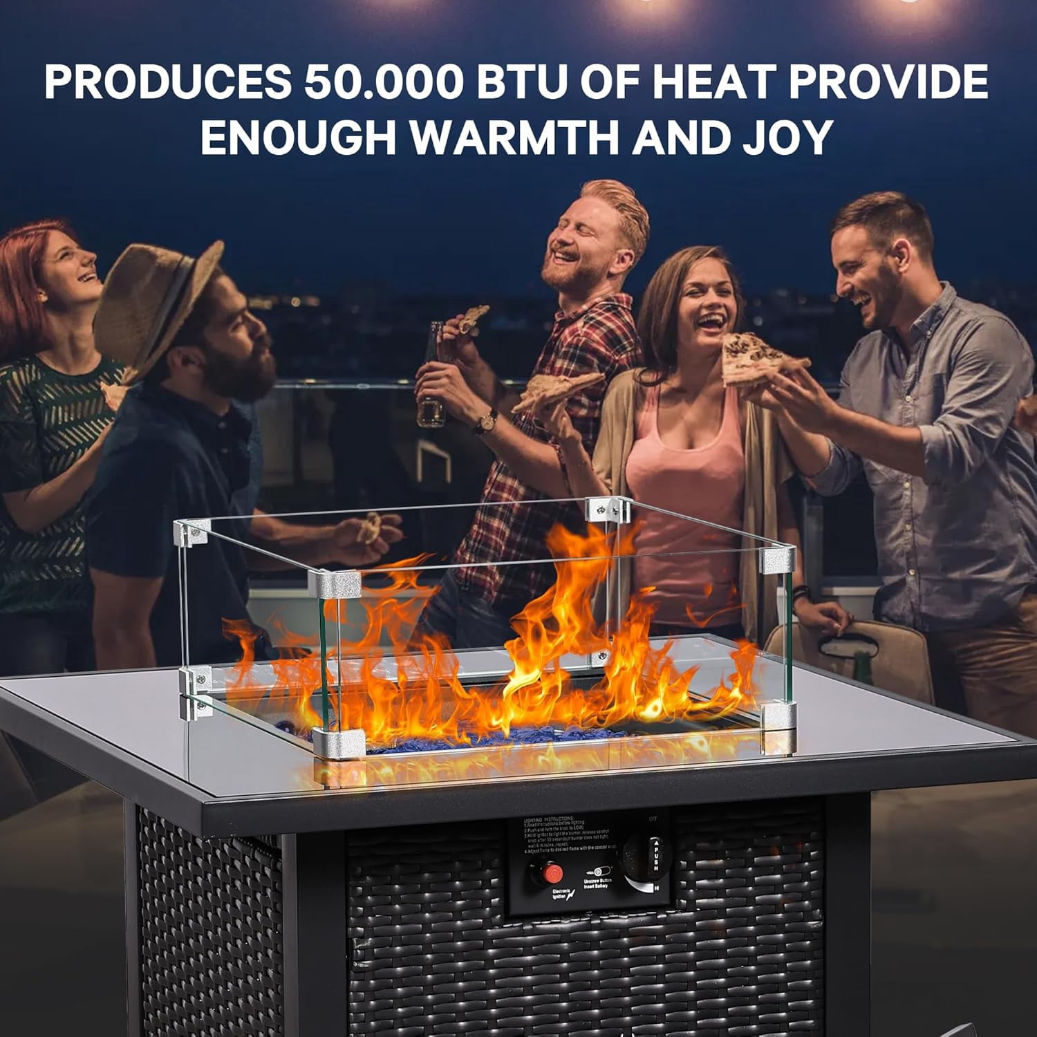 28" Propane Fire Pit Table, 50,000 BTU Steel Gas Firepit, Rectangular Fire Pits with Cover, CSA Certified, Pulse Ignition,Glass Stone,Wind Guard, Ideal for Outdoor Patio,Dining-Black
