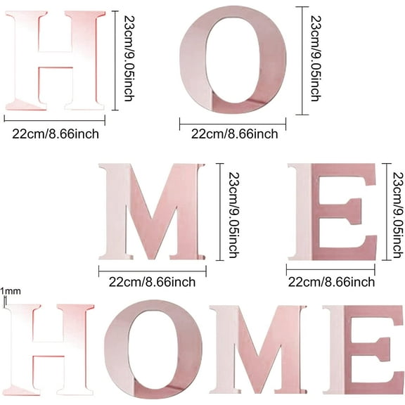 4Pcs Home Sign Letters 3D Acrylic Mirror Wall Decor Stickers Wall Art Family Wall Decals Decor Self Adhesive Removable Eco-Friendly for Home Living Room Bedroom Decoration Pink Color