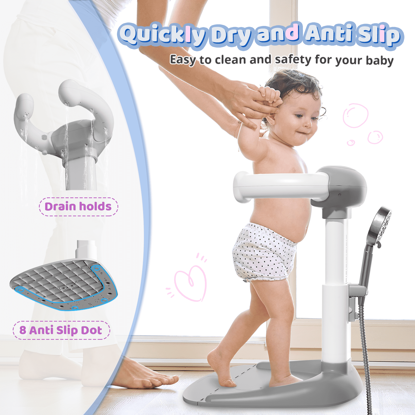 COOSEYA Baby Bath with Shower Stand Support, Anti-Pinch Soporte para Bañera de Bebé Adjustable Shower Tower and Anti-Slip for Toddler Standing Up Themselves(Gray)