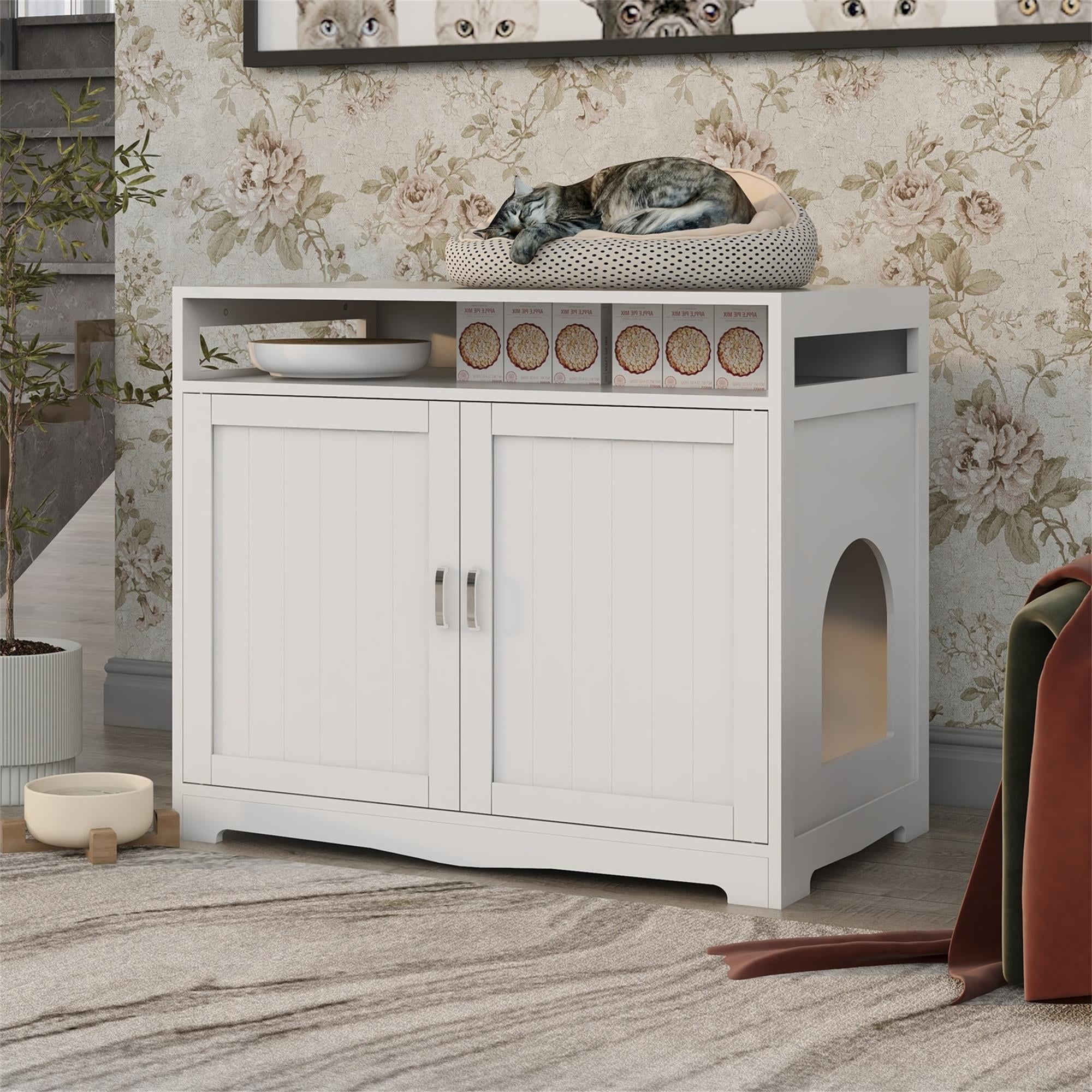 Pefilos 31" Cat Litter Box Cover with Sturdy Wooden Structure, Cat Washroom Storage Cabinet, Spacious Storage, Easy Assembly, Fit Most of Litter Box, White Pefilos 31" Cat Litter Box Cover with Sturdy Wooden Structure, Cat Washroom Storage Cabinet, Spacious Storage, Easy Assembly, Fit Most of Litter Box, White