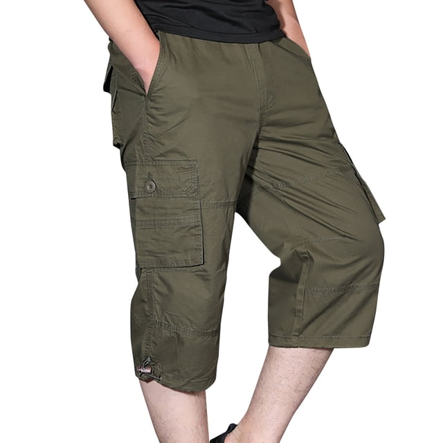 Yuyuzo Mens 3/4 Capri Long Cargo Shorts Plus Size Relaxed Fit Capri Pants with Multi Pockets Below Knee Casual Work Trousers