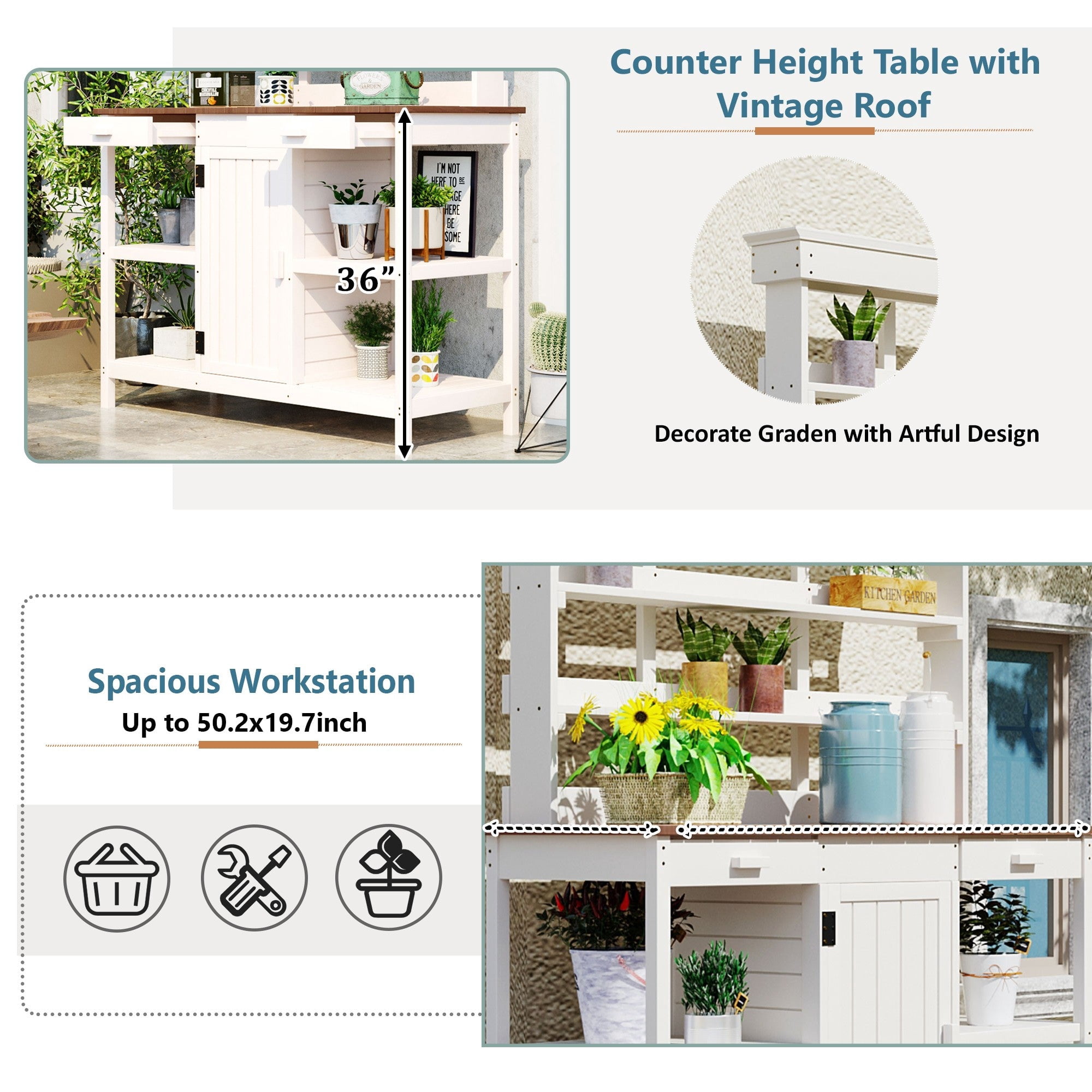 Sailvan 66 inch Farmhouse Wooden Potting Bench Table,Outdoor Garden Workstation with Storage Cabinet and Drawers for Patio Kitchen Island White