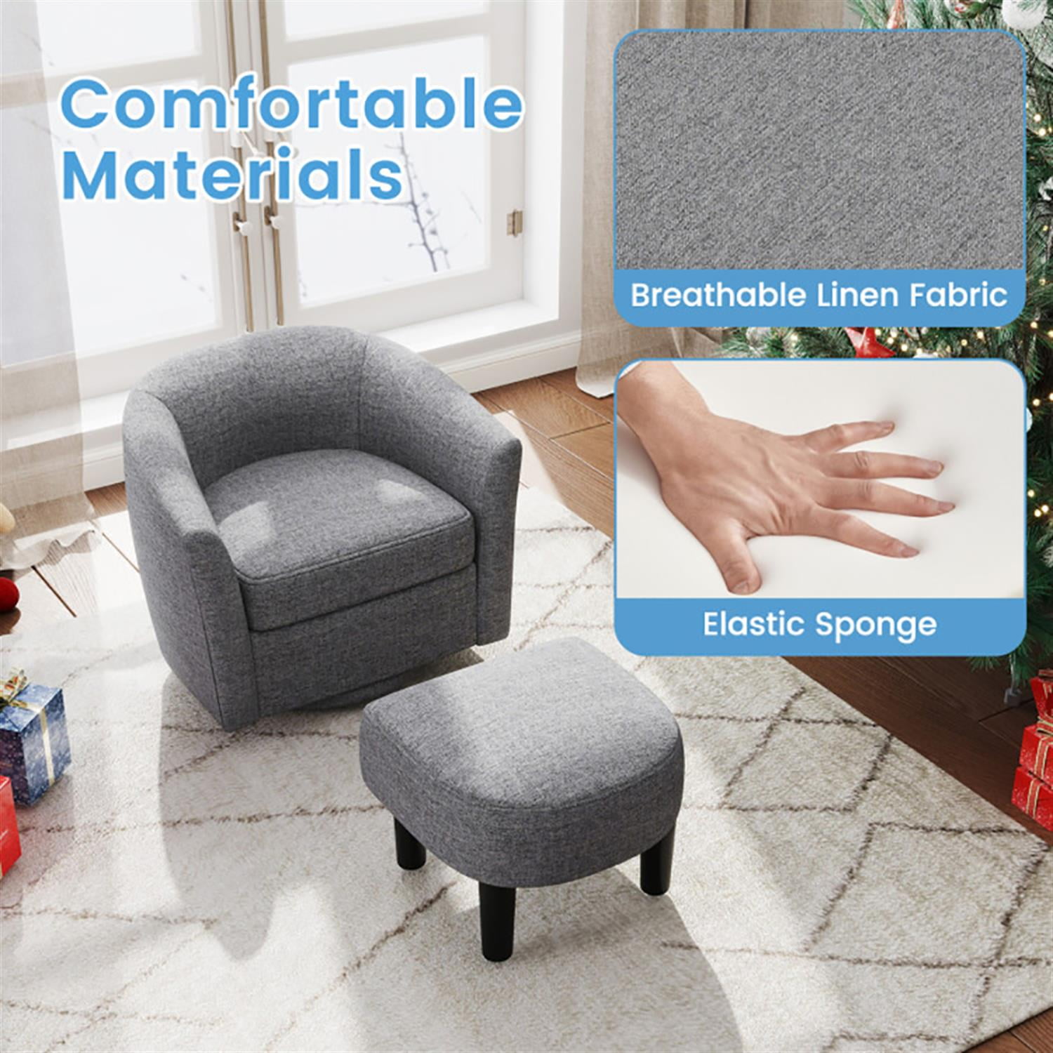 Demi Bonn Modern Club Swivel Accent Chair, Elegant Armchair with Ottoman Footrest Curved Backrest, Suitable for Living Room Bedroom Reception Room Office, Gray