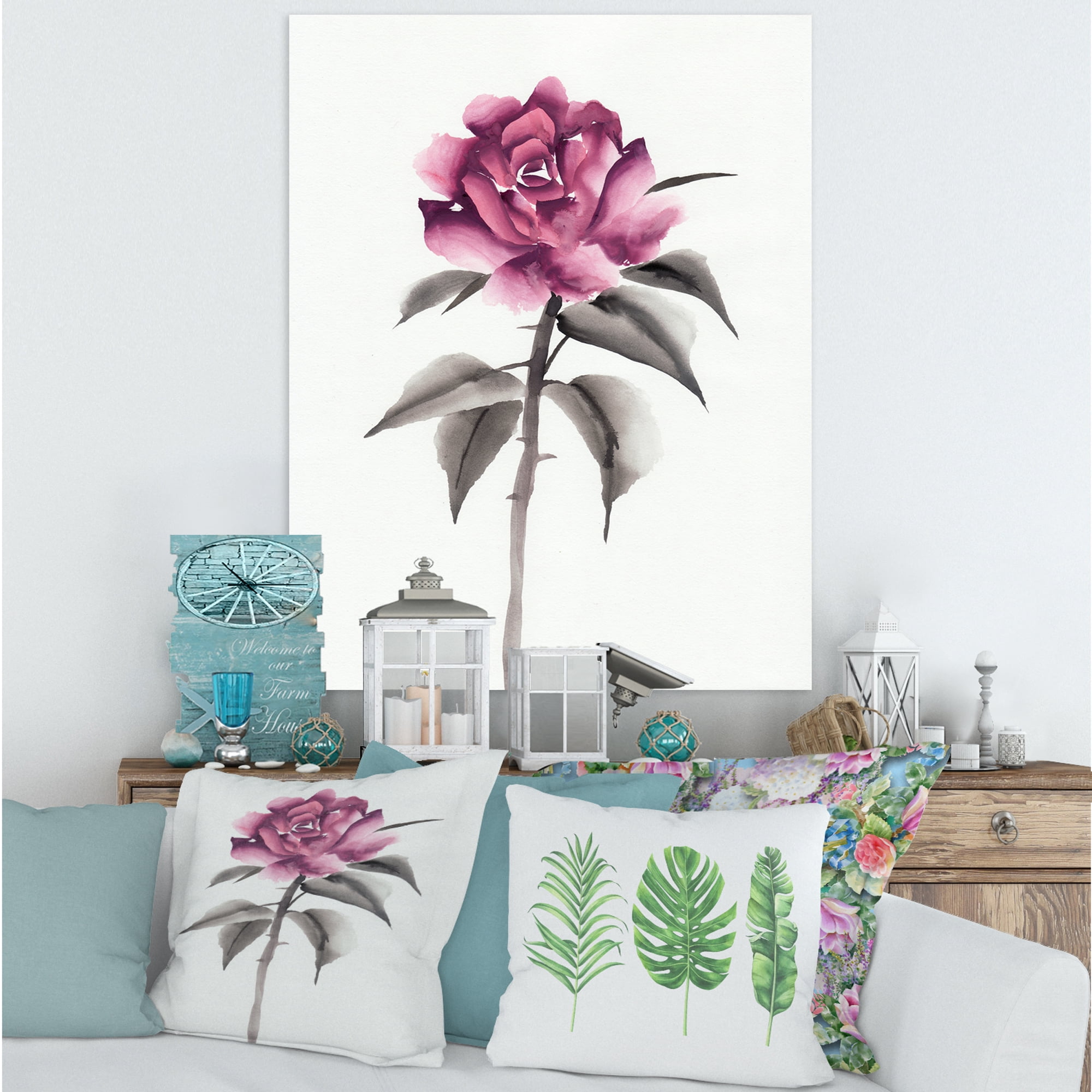 Designart ' Ancient Pink Rose Flower ' Traditional Canvas Wall Art Print