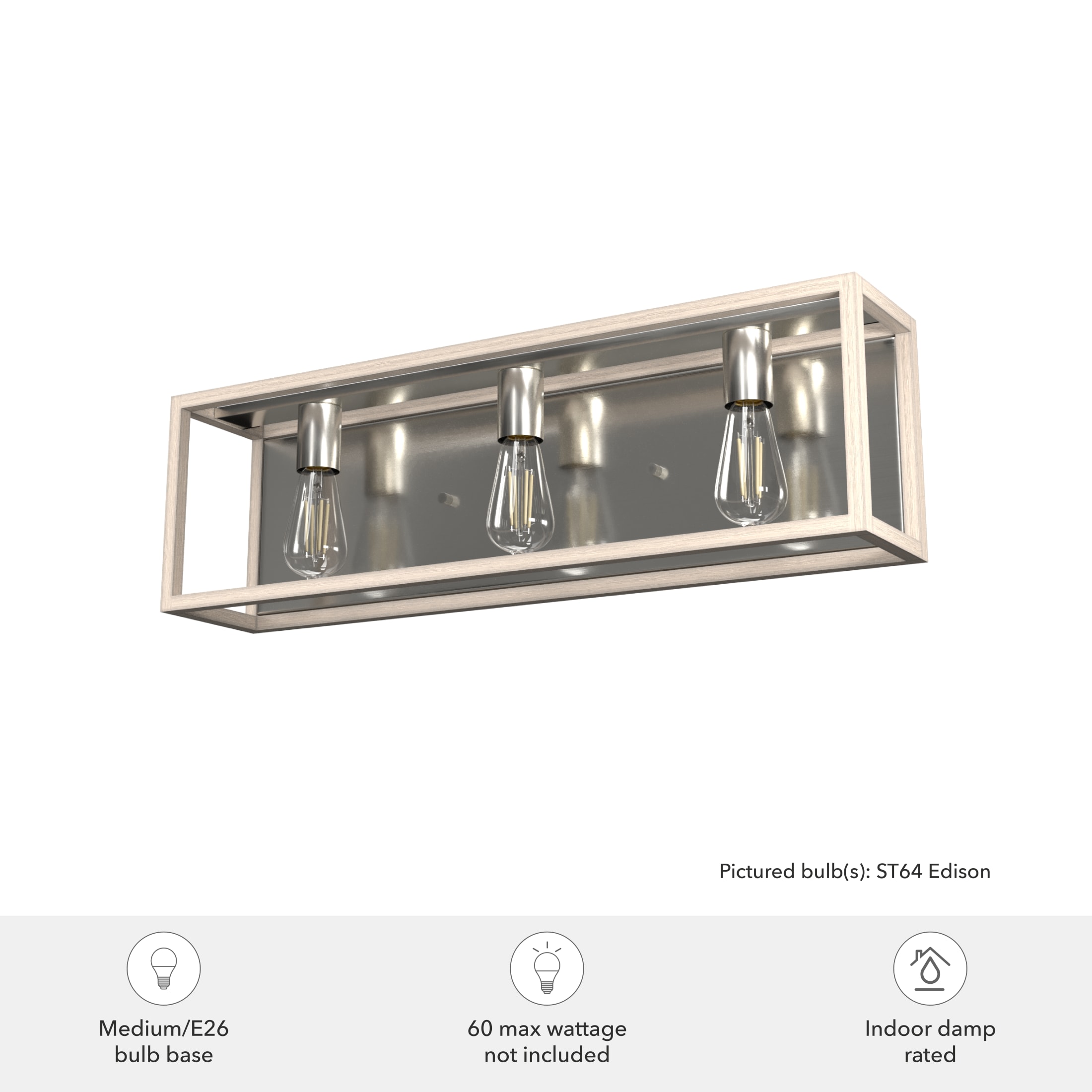 Hunter - Squire Manor 3-light Brushed Nickel, Medium Size Vanity Light, Dimmable, Modern Style, for Bedrooms, Dining, Living Rooms - 19674