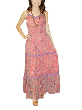Mogul Beautiful Printed Maxi Dress Peach Lace Work Shirred Waist Liner Slip Long Dresses M