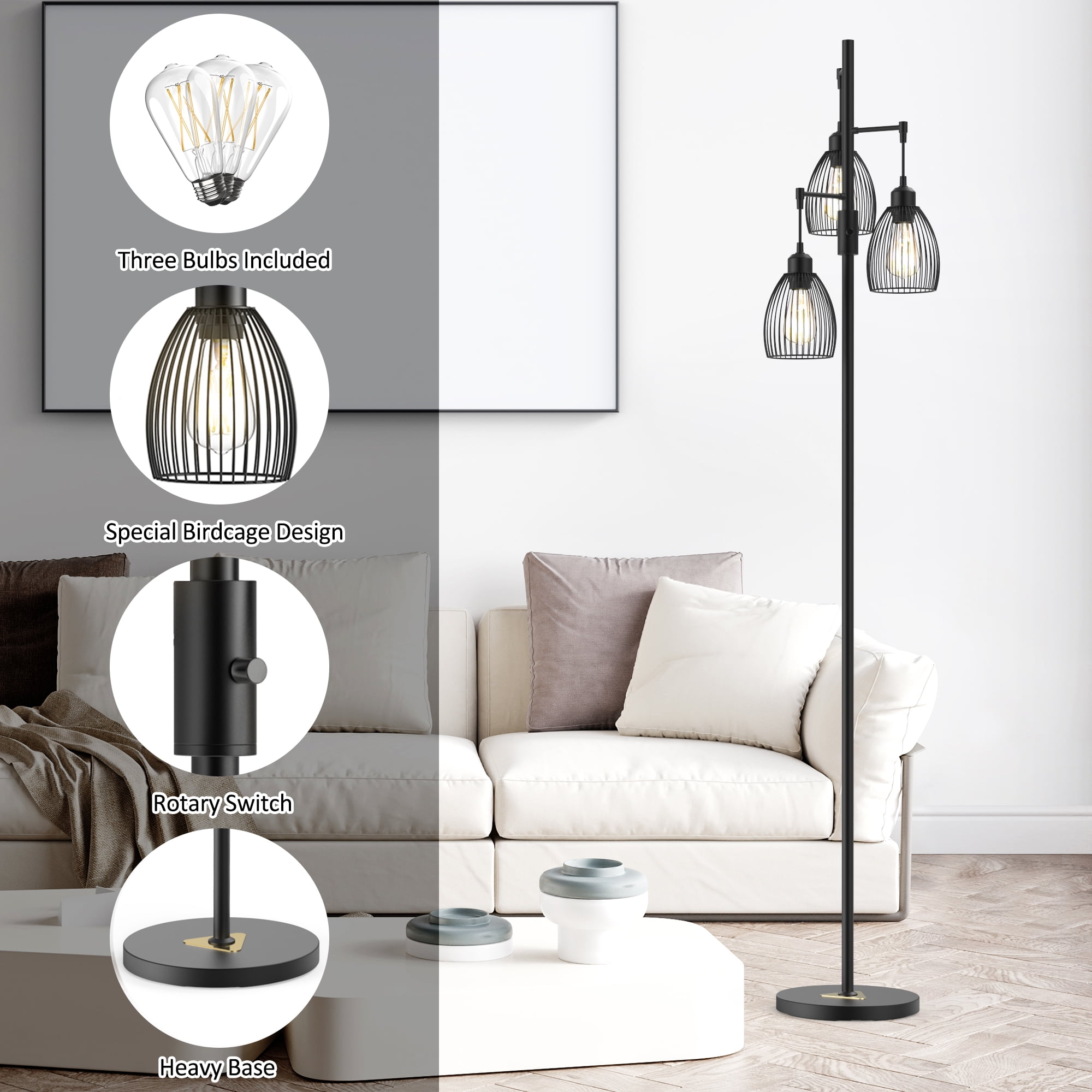 JURULU 70 inch Dimmable Floor Lamp, 3 x1000 LM Bulbs, Elegant Birdcage-Style Industrial Farmhouse Standing Tree Lamp, Perfect for Living Room, Bedroom, Office, Dining Room Decor - Black