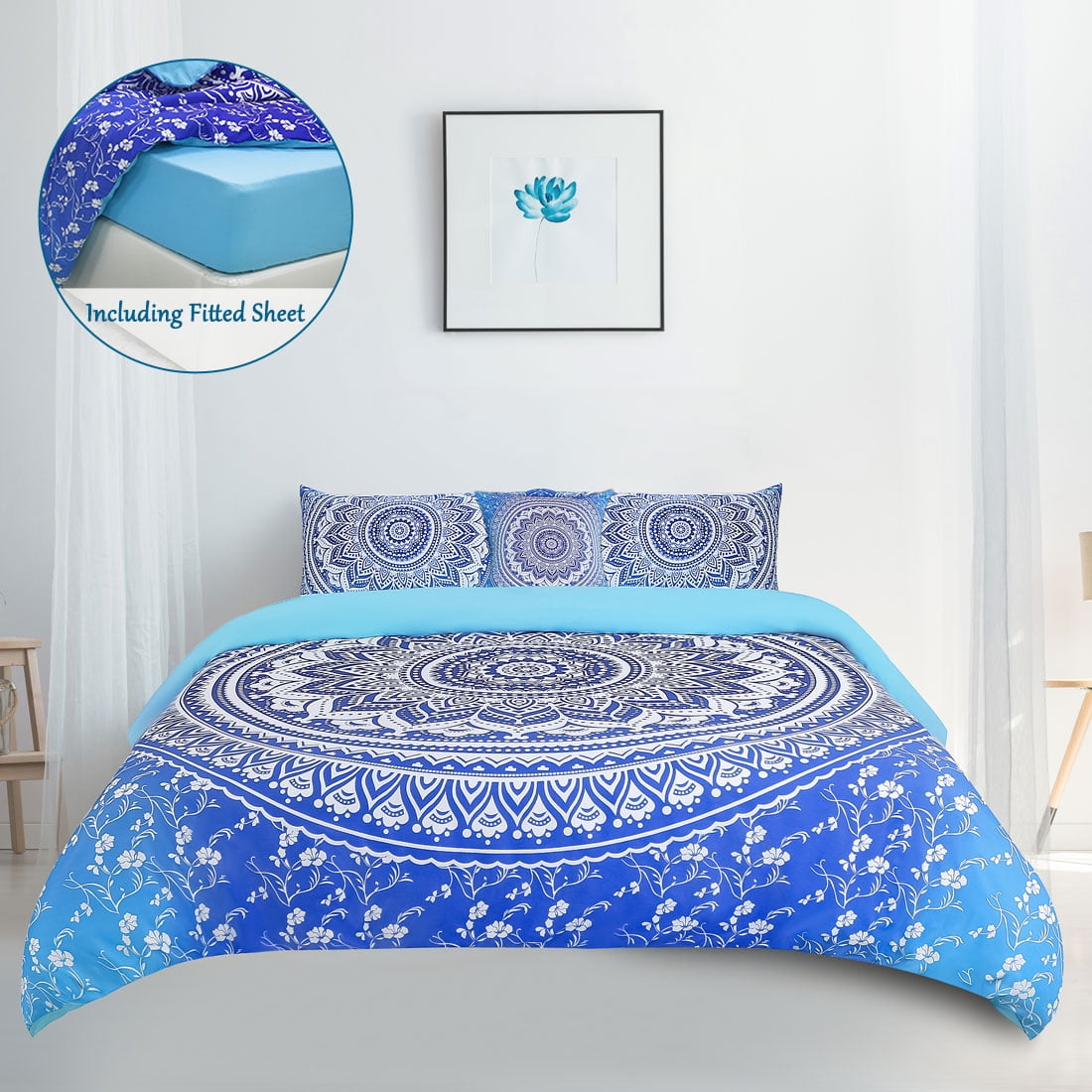 Blue Star Mandala Bedding & Bohemian Queen Size Flat Bed Sheet Set Pillow Cover 