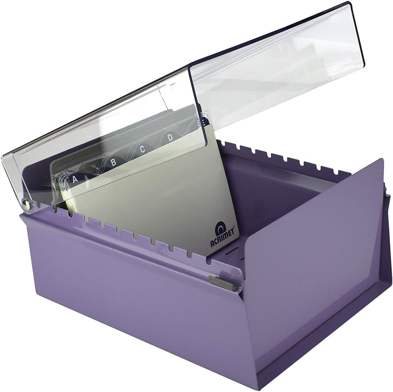 Acrimet 5 X 8 Card File Holder Organizer Box Metal Base Heavy Duty (AZ Index Cards and Divider Included) (Purple Color with Clear Crystal Plastic Lid Cover)