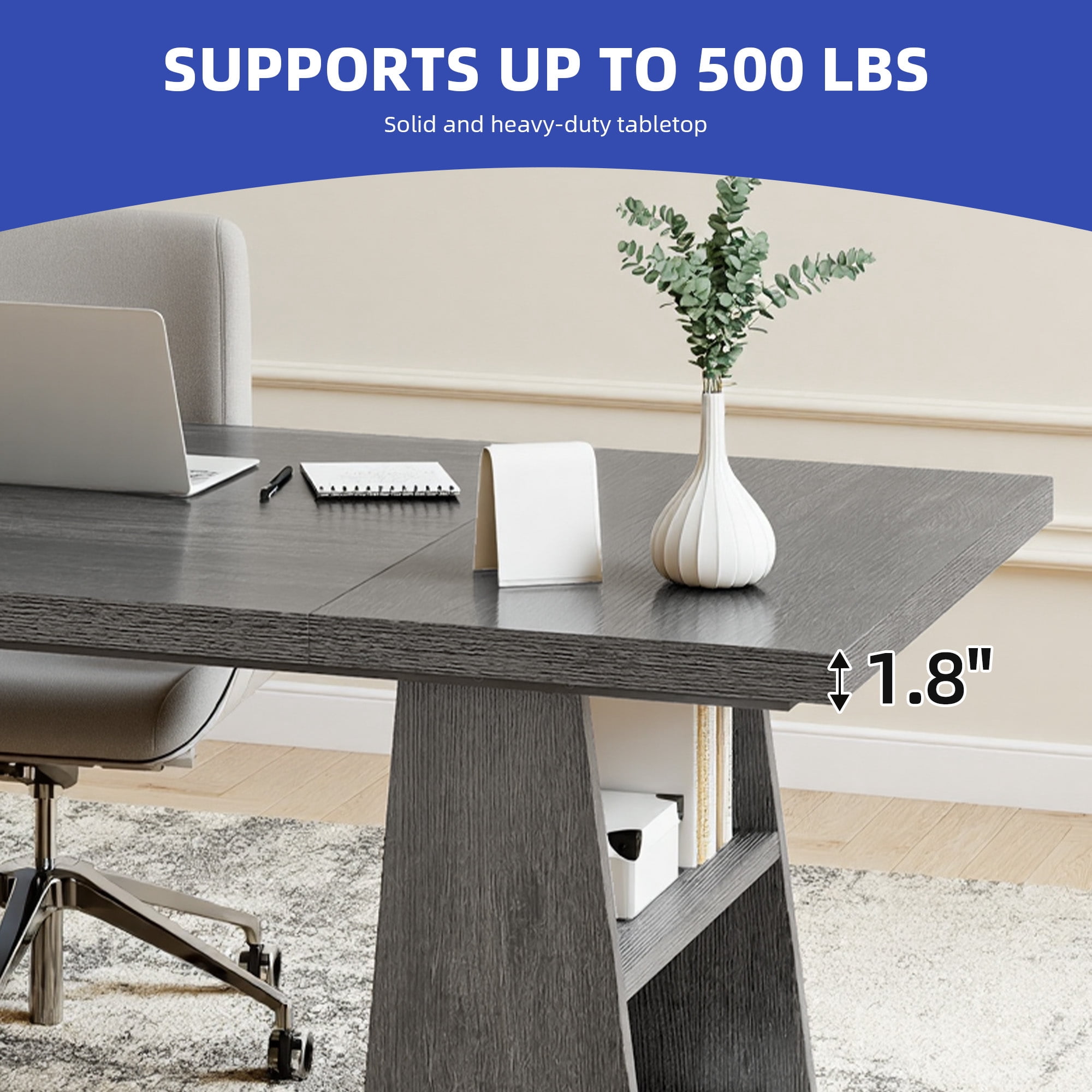 Craftian 63 inches Executive Desk with Double Pedestal and Storage Shelves, Home Office Desk Computer Desk Conference Table, Gray