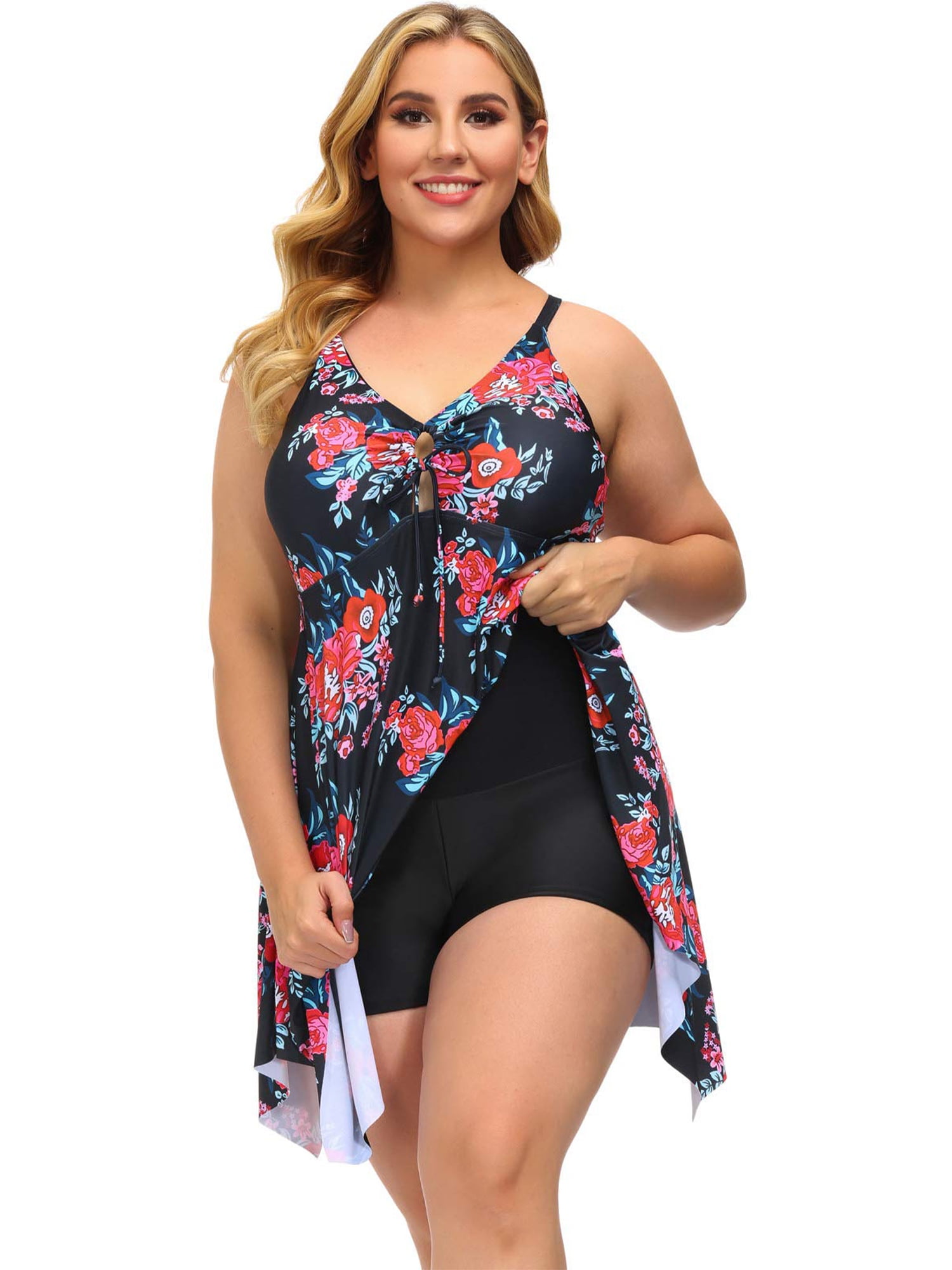 DHGCX Women Plus Size Gradient Printed Tankini Set Soft Elastic Swimsuits with Boyshort Two Piece Bikini 