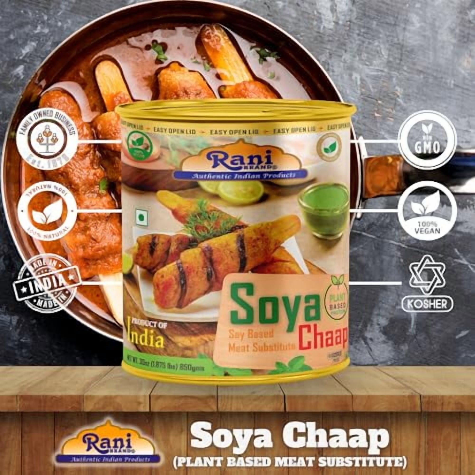 Rani Soya Chaap (Plant Based Protein) 30oz (1.875lbs) 850g, Pack of 6 ~ Easy Open Lid | All Natural | Vegan | No Colors | NON-GMO | Kosher | Indian Origin | Soy Based Meat Substitute