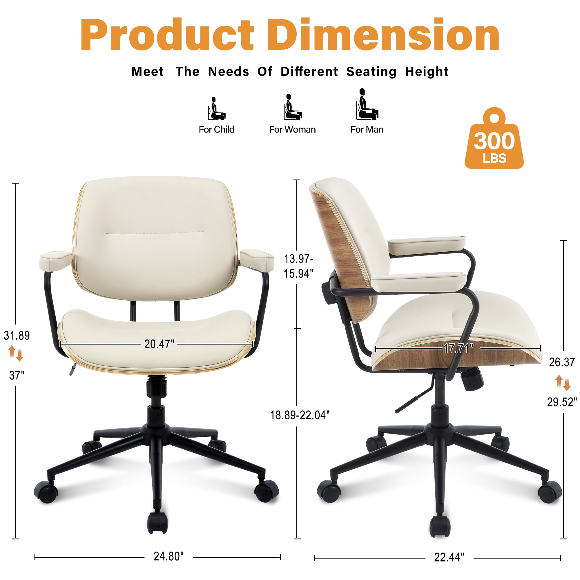 Home Office Chair with Wheel, Mid Century Modern Desk Chairs, Adjustable Height Arm Chair with Walnut Back, PU Leather Task Chair Vanity Chair for Home Office, Reading Room, Beige