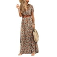 thumbnail image 3 of Women's Vintage Floral Print Dress Short Sleeve V Neck Evening Party Cocktail Dress Summer Long Maxi Boho Sundress With Belt, 3 of 3