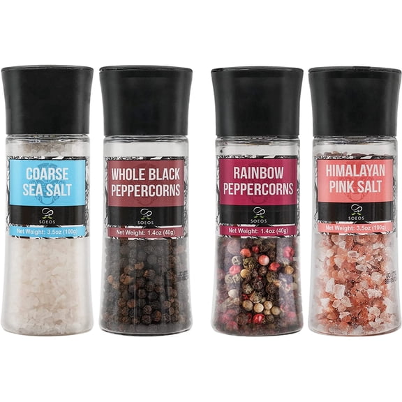 Soeos Seasonings and Spice Set, Grinder Set, Black Peppercorns   White Sea Salt   Rainbow Peppercorns   Pink Salt, Plastic Bottle Grinders with Spice Included
