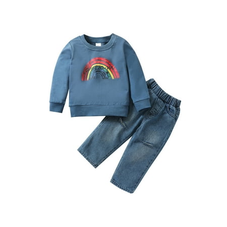 

IZhansean Toddler Baby Girl Boy Rainbow Clothes Long Sleeve Sweatshirt Tops+Denim Jeans 2Pcs Fall Winter Outfits Blue 3-4 Years