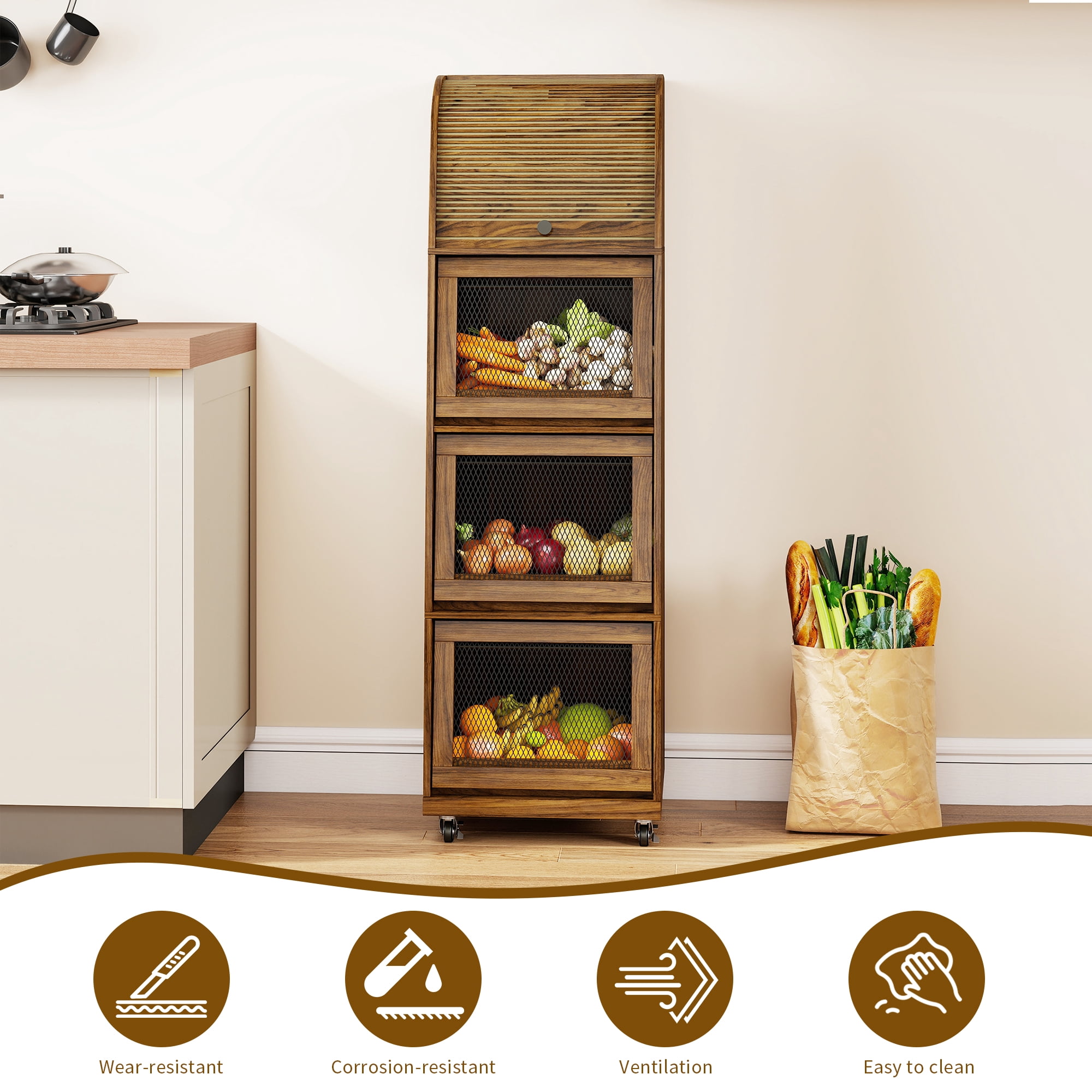 4 Tier Large Tall Potato Storage Bin with Wheel  Wood Food Small Kitchen Pantry Cabinet for Kitchen Living room