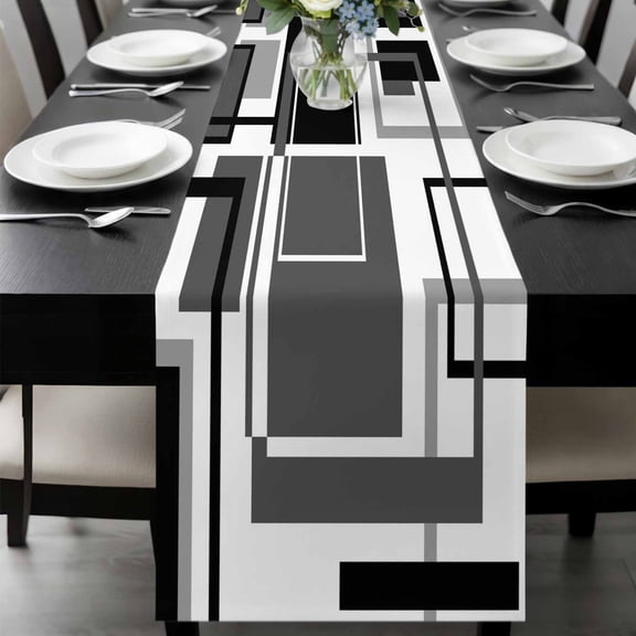 Black Grey Geometric Table Runner 72 Inches Long, Gray Abstract Striped Art Kitchen Coffee Dining Table Decoration for Home Party Birthday Wedding Home Decor 14x72 Inches
