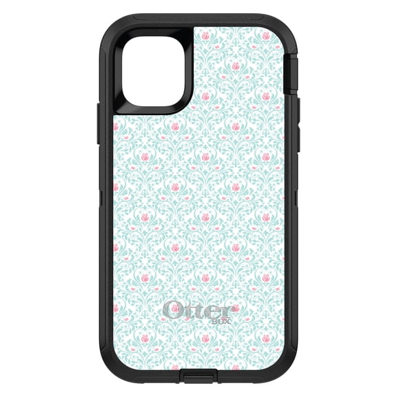 DistinctInk OtterBox Defender Custom Case for Apple iPhone 15 (6.1" Screen) - Teal & Pink Rose Pattern - Lightweight Grip