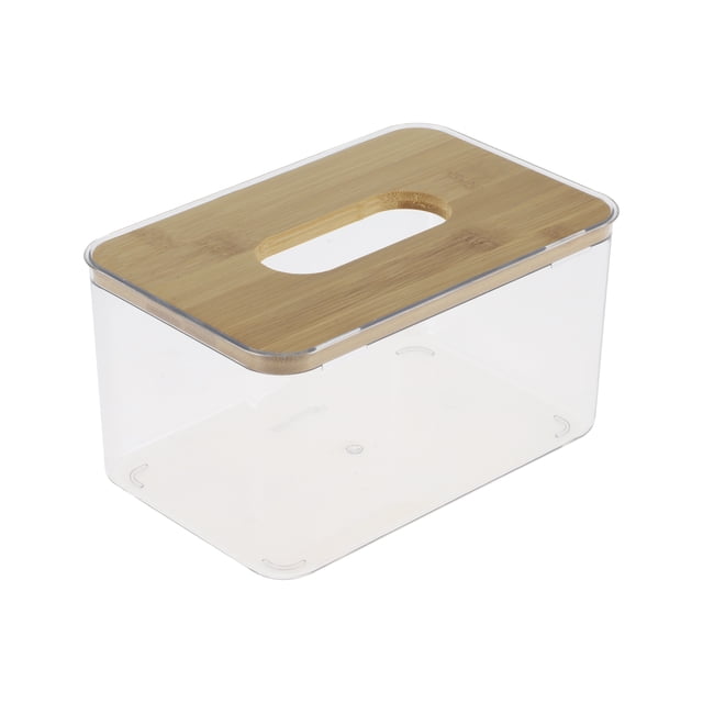 1Pc Caja de pañuelos cuadrada mediana conveniente para mesa de sala de estar, clara de PET y bambú