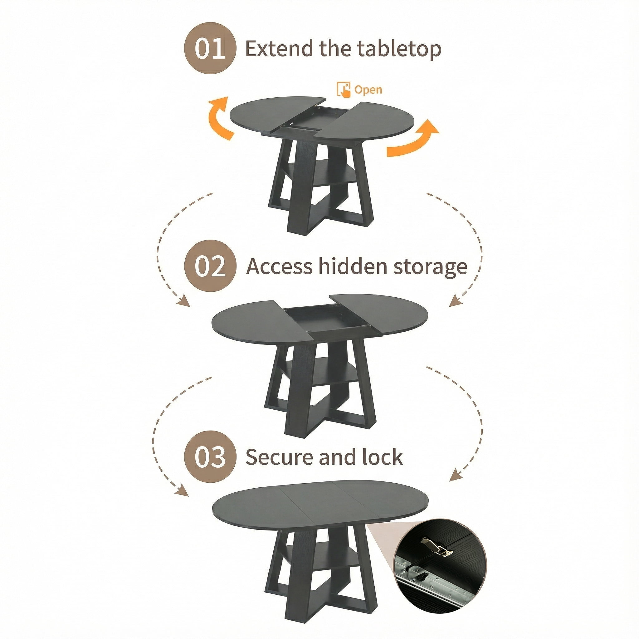 Firmoz 43.3''-59'' Extendable Round Dining Table for 4-8, Transformer Oval Kitchen Table with Storage Shelf, Black