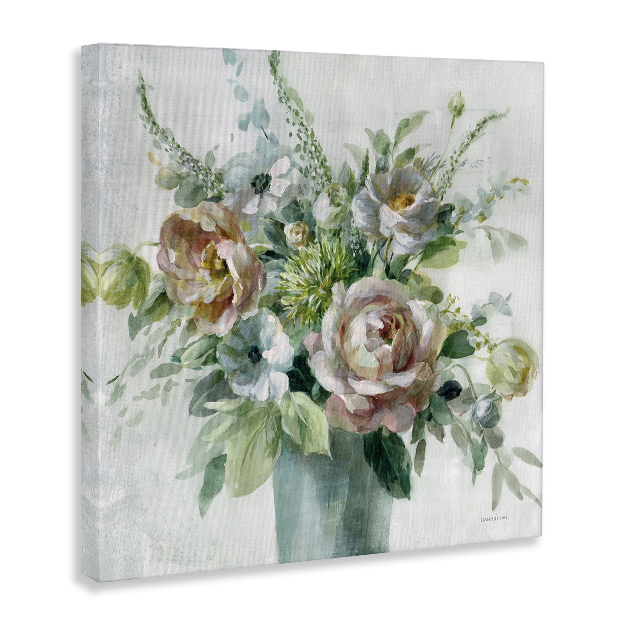 Stupell Industries Sage & Peach Blossoms Botanical & Floral Painting Gallery Wrapped Canvas Art Print Wall Art, 17 x 17