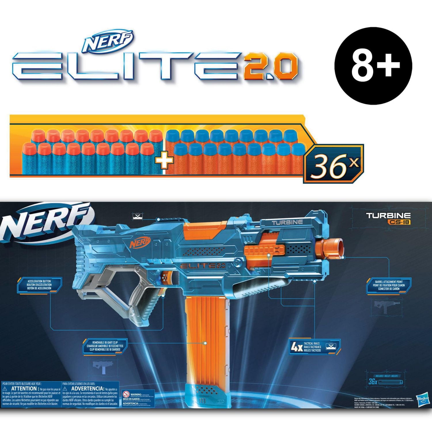 Nerf Elite 2.0, blaster motorisé Turbine CS-18, 36 fléchettes Nerf officielles, chargeur 18 fléchettes, rails tactiques, point de fixation