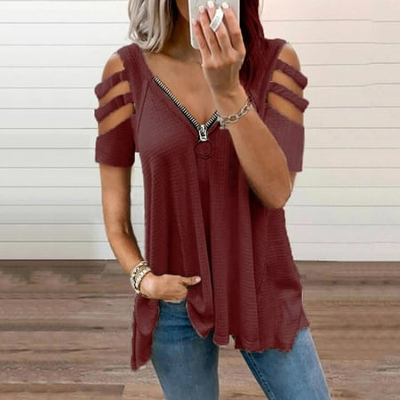 

Fatuov T-Shirts for Women Summer Womens V-neck Collar Zipper Color Short Sleeve Fold Casual Blouse Corset Tops for Women Wine XXL