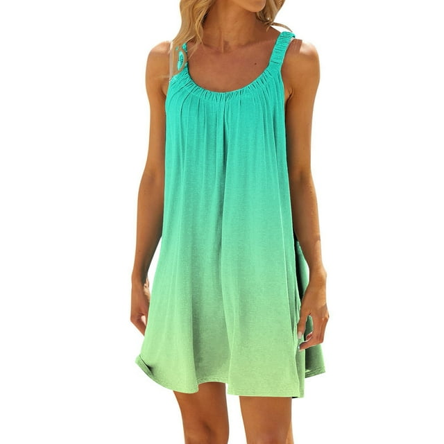 Women's Summer Fashion Gradient Printed Pleated Sleeveless Beach Vacation Dress
