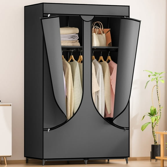 YOUPINS Clothes Organizer with Hanging Rod, Portable Closet with Cover Clothes Rack Sturdy Fabric Wardrobe Organizer,Dark Gary