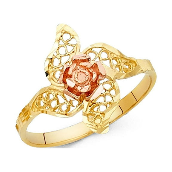 Solid 14k Yellow & Rose Gold Rose Flower Ring Floral Leaf Band Diamond Cut Two Tone 15MM, Size 7