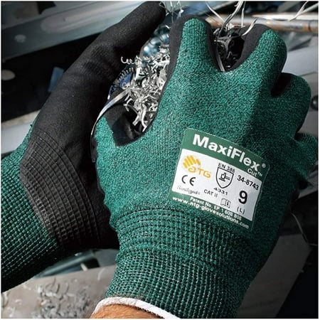 

6 Pack MaxiFlex Cut 34-8743/Large Cut Resistant Nitrile Coated Work Gloves with Green Knit Shell and Premium Nitrile Coated Micro-Foam Grip on Palm & Fingers. Sizes Large