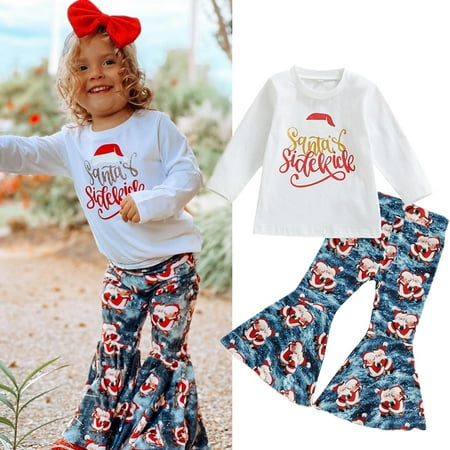 

LWXQWDS 2Pcs Toddler Baby Girls Christmas Clothes Long Sleeve Letter Print T-shirt Santa Claus Print Flare Pants Set White 3-4 Years