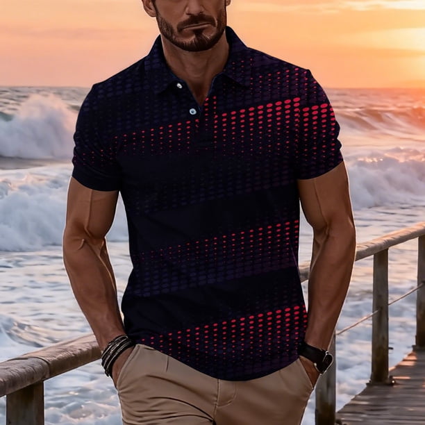 Ceisia Men's Summer Casual Gradient Polka Dot Stripe Mesh Short Sleeve Lapel Shirt Multicolor XL Gifts