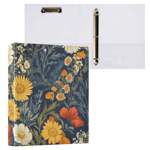 Filed Flowers Floral 3 Ring Binders 1.5 inch Hardcover File Folders with Interior Pockets A4 Size Organizer for School Office Hospital