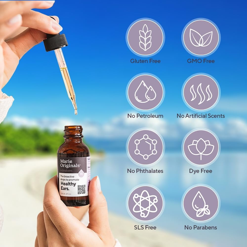 Marie Originals Natural Ear Oil Drops, Mullein & Garlic Herbal Ear Drops for Ear Comfort, Soothing Earache Support for Adults, Kids & Pets, Helps with Ear Wax Soften & Removal, 1 oz