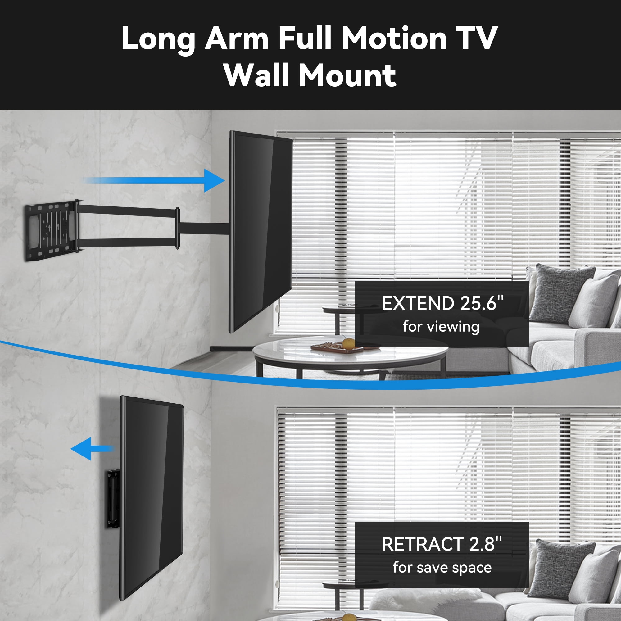 FORGING MOUNT Long Arm TV Wall Mount for Most 26-65 Inch Flat Curved TVs, 25.6inch Full Motion Extension Articulating Arms, Swivel, Tilt TV Bracket Corner TV Mount Fits Max VESA 400x400mm up to 77lbs