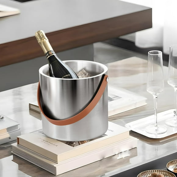 Txmfgh 2L Insulated Double-Layer Ice Bucket for Champagne, Beer, Wine – Portable Leather Handle, Stylish Design, Ideal for Parties, Gatherings, and Outdoor Events