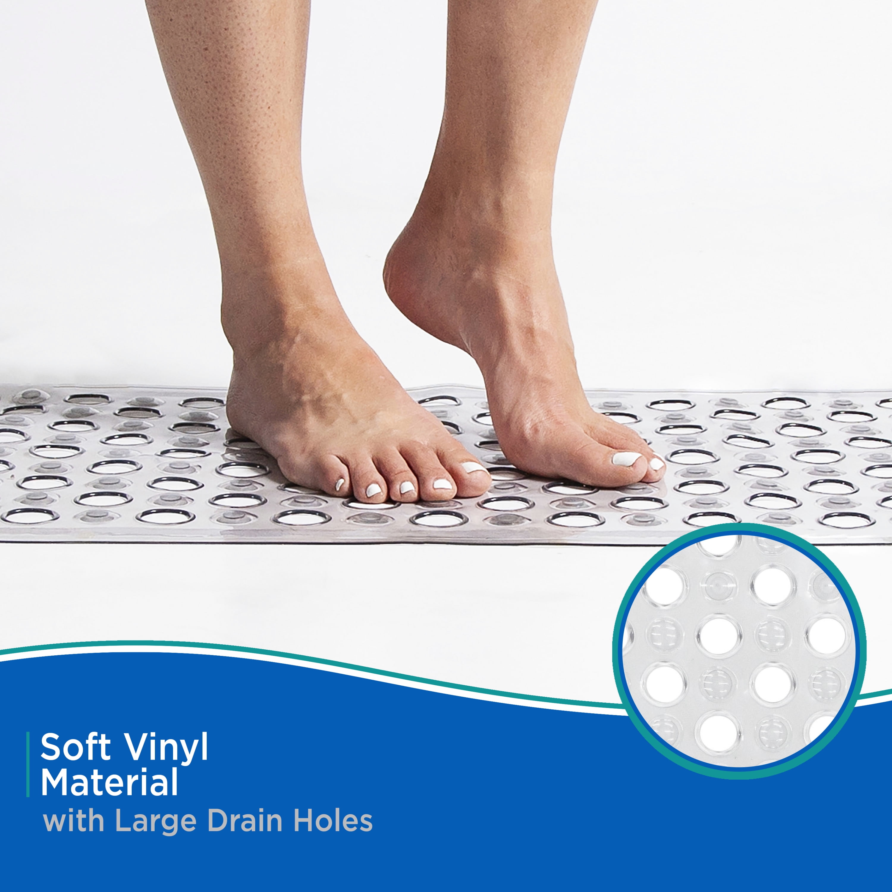 Kenney Vinyl Bath Mat with Suction Cups and Large Drain Holes, 27" x 14.5", Grey