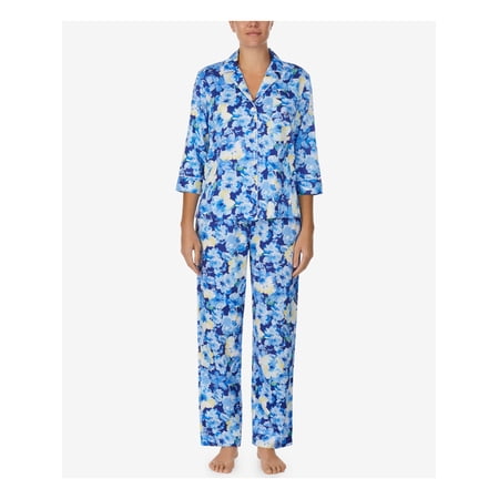 RALPH LAUREN Sets Blue Pocketed Floral 3/4 Sleeve V Neck Button Up Straight leg Sleepwear Size S