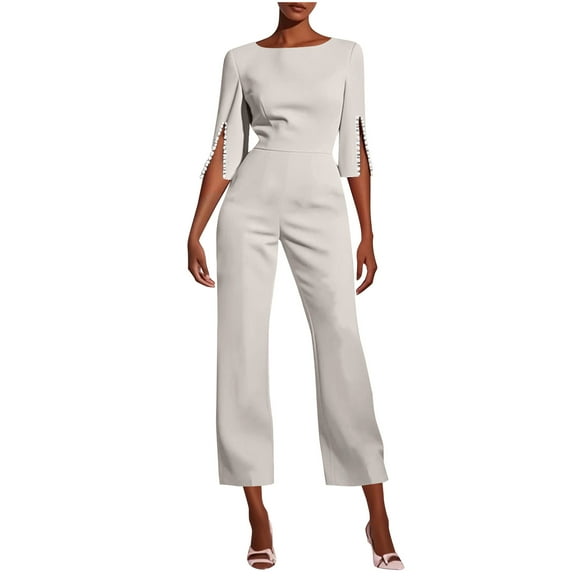 Tnhcen Loose Fit Women's Jumpsuit Round Neck 7/7 Sleeve Split Sleeve Wide Leg Long Pants with Stretch Casual Poly Jumpsuit for Women Lightweight Breathable Easy Care S-2XL